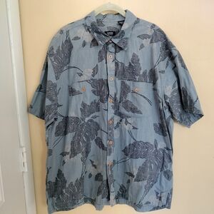 Izod Mens Blue Leaf Print cotton short sleeve button up Shirt size XL vacation